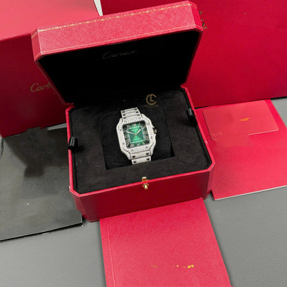 Square Full Diamond Automatic Watch with Green Dial & Extra Leather Strap