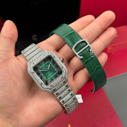 Square Full Diamond Automatic Watch with Green Dial & Extra Leather Strap
