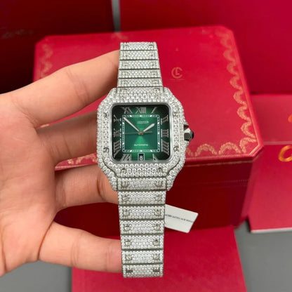 Square Full Diamond Automatic Watch with Green Dial & Extra Leather Strap