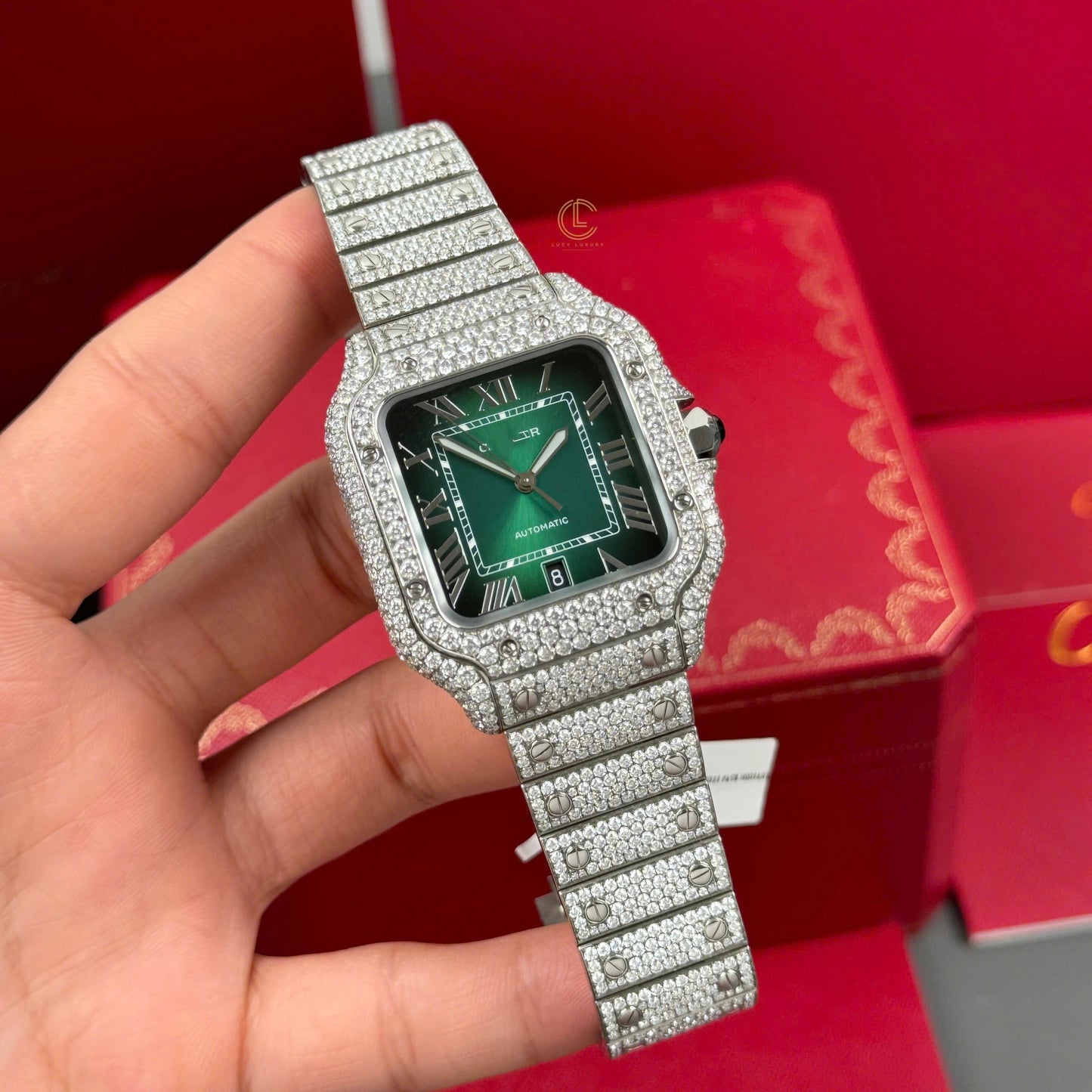 Square Full Diamond Automatic Watch with Green Dial & Extra Leather Strap