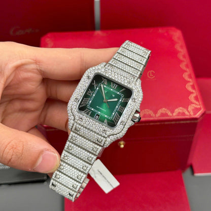 Square Full Diamond Automatic Watch with Green Dial & Extra Leather Strap