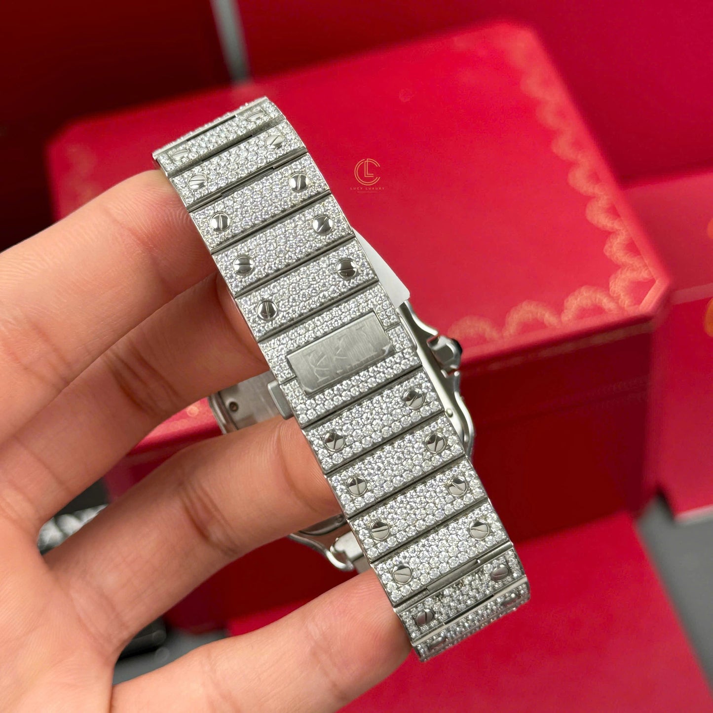 Square Full Diamond Automatic Watch with Green Dial & Extra Leather Strap