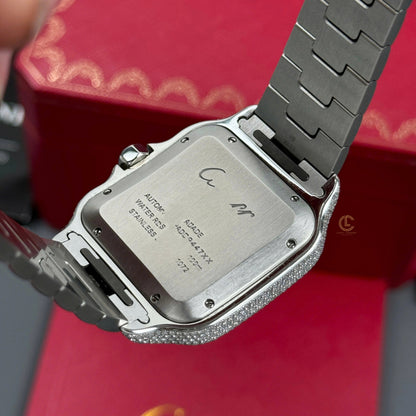 Square Full Diamond Automatic Watch with Green Dial & Extra Leather Strap