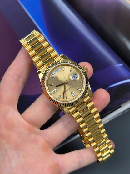 Classic Full-Gold Day-Date Style Watch, Diamond-Index Men's President Bracelet Wristwatch, Luxury Waterproof Dress Watch