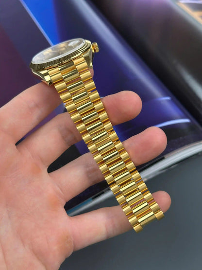 Classic Full-Gold Day-Date Style Watch, Diamond-Index Men's President Bracelet Wristwatch, Luxury Waterproof Dress Watch