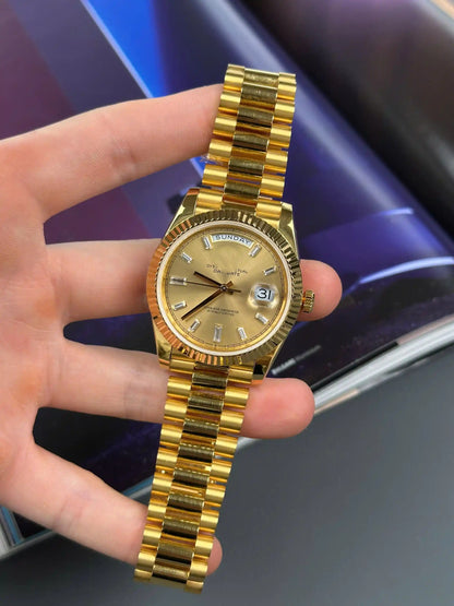 Classic Full-Gold Day-Date Style Watch, Diamond-Index Men's President Bracelet Wristwatch, Luxury Waterproof Dress Watch