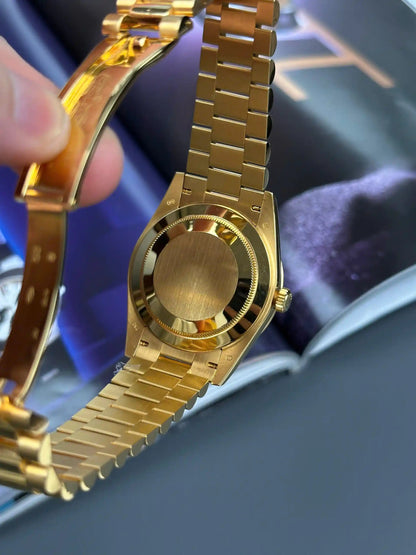 Classic Full-Gold Day-Date Style Watch, Diamond-Index Men's President Bracelet Wristwatch, Luxury Waterproof Dress Watch