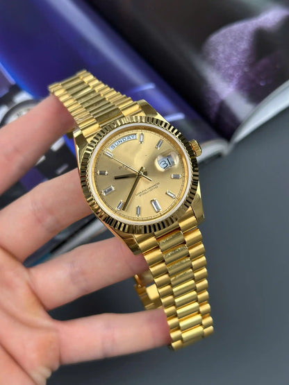 Classic Full-Gold Day-Date Style Watch, Diamond-Index Men's President Bracelet Wristwatch, Luxury Waterproof Dress Watch