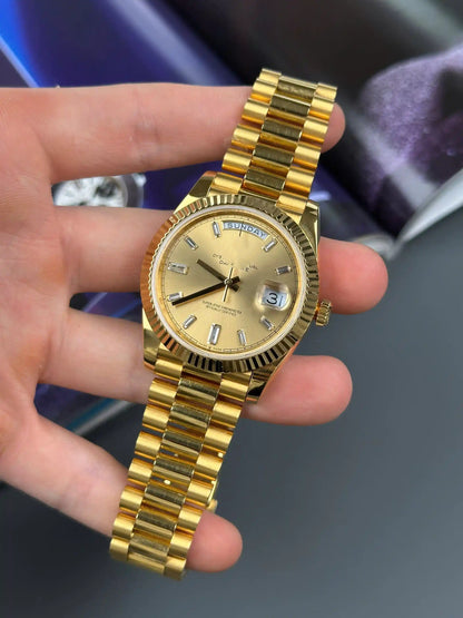 Classic Full-Gold Day-Date Style Watch, Diamond-Index Men's President Bracelet Wristwatch, Luxury Waterproof Dress Watch