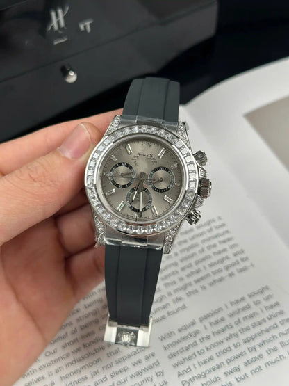 Men's Chronograph Watch With Diamond Bezel And Rubber Strap