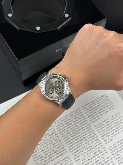 Men's Chronograph Watch With Diamond Bezel And Rubber Strap