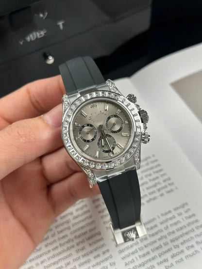 Men's Chronograph Watch With Diamond Bezel And Rubber Strap