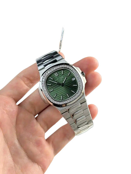 Sport Casual Automatic Mechanical Watch, Diamond-Bezel Green Dial Men's Steel Band Wristwatch, Luxury Waterproof Nautilus-Style Timepiece