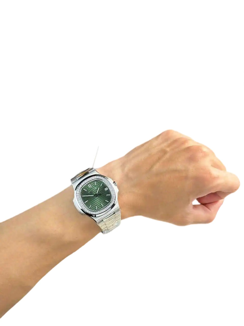 Sport Casual Automatic Mechanical Watch, Diamond-Bezel Green Dial Men's Steel Band Wristwatch, Luxury Waterproof Nautilus-Style Timepiece