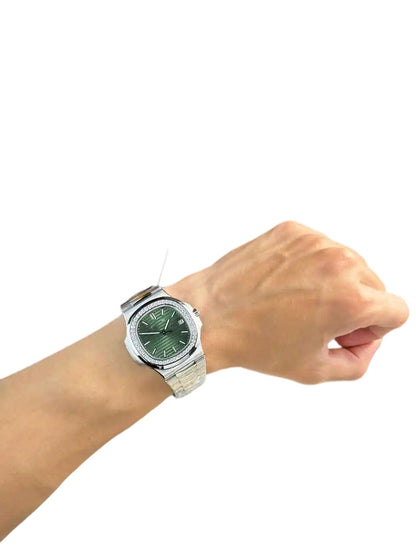 Sport Casual Automatic Mechanical Watch, Diamond-Bezel Green Dial Men's Steel Band Wristwatch, Luxury Waterproof Nautilus-Style Timepiece