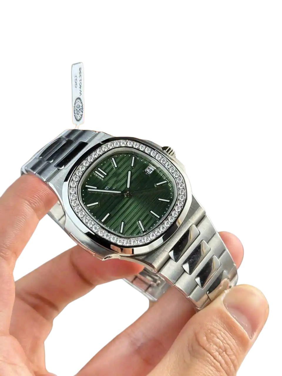 Sport Casual Automatic Mechanical Watch, Diamond-Bezel Green Dial Men's Steel Band Wristwatch, Luxury Waterproof Nautilus-Style Timepiece