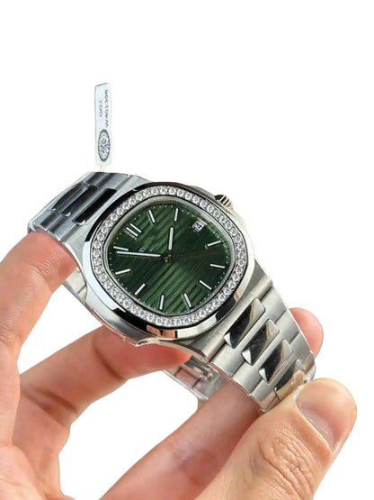 Sport Casual Automatic Mechanical Watch, Diamond-Bezel Green Dial Men's Steel Band Wristwatch, Luxury Waterproof Nautilus-Style Timepiece