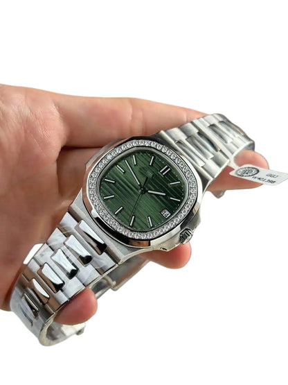 Sport Casual Automatic Mechanical Watch, Diamond-Bezel Green Dial Men's Steel Band Wristwatch, Luxury Waterproof Nautilus-Style Timepiece
