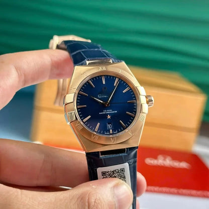 【#A256】Men's Automatic Mechanical Watch with Rose Gold Case, Deep Blue Dial & Leather Strap