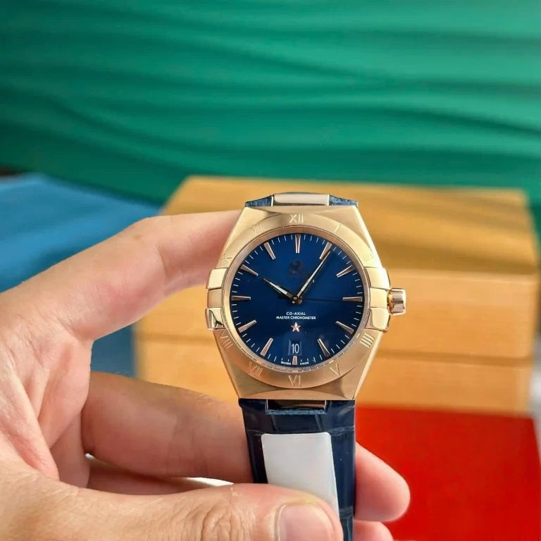 【#A256】Men's Automatic Mechanical Watch with Rose Gold Case, Deep Blue Dial & Leather Strap