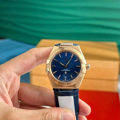 【#A256】Men's Automatic Mechanical Watch with Rose Gold Case, Deep Blue Dial & Leather Strap