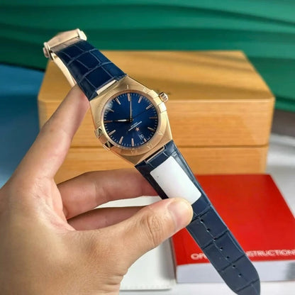 【#A256】Men's Automatic Mechanical Watch with Rose Gold Case, Deep Blue Dial & Leather Strap