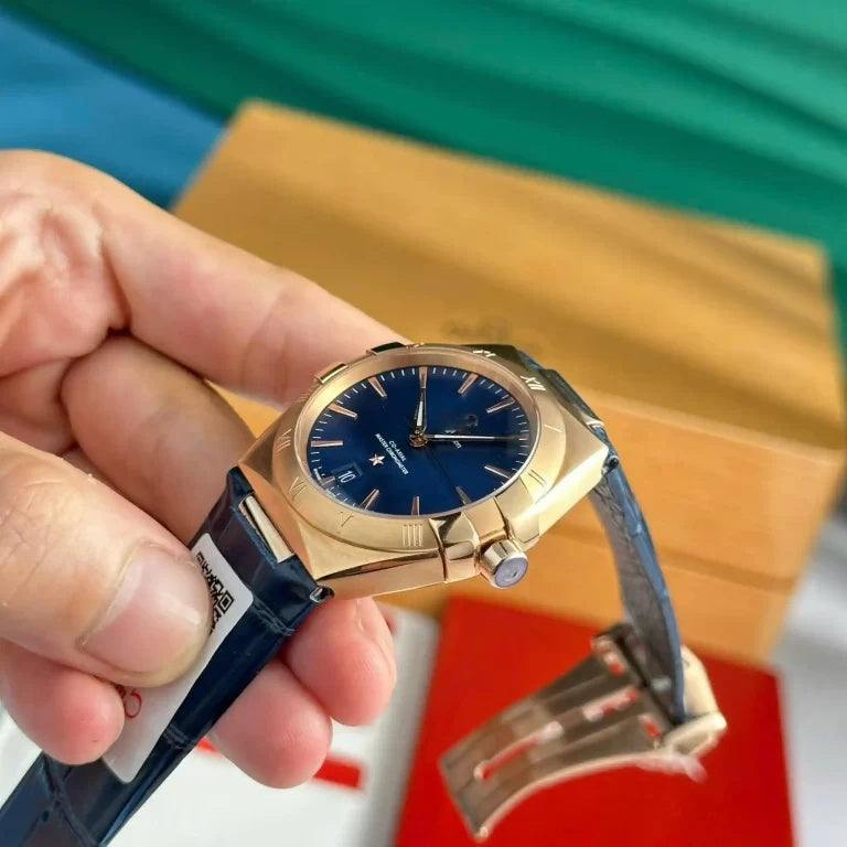 【#A256】Men's Automatic Mechanical Watch with Rose Gold Case, Deep Blue Dial & Leather Strap