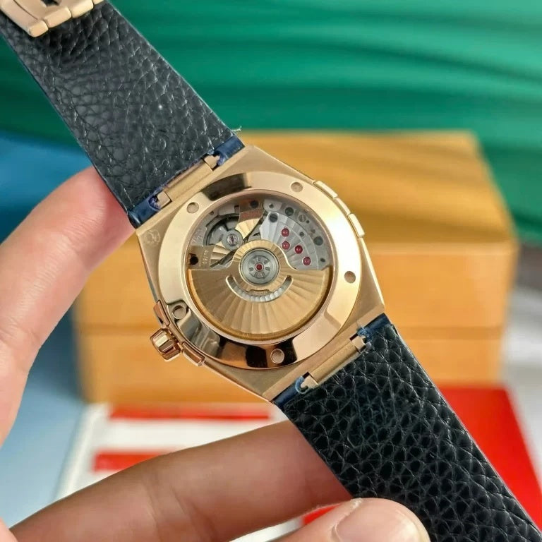 【#A256】Men's Automatic Mechanical Watch with Rose Gold Case, Deep Blue Dial & Leather Strap