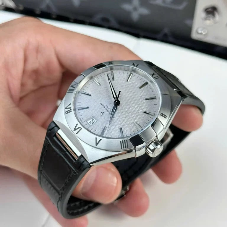 Octagonal Roman Bezel Automatic Mechanical Watch for Men, Meteorite Dial with Crocodile Grain Leather Strap